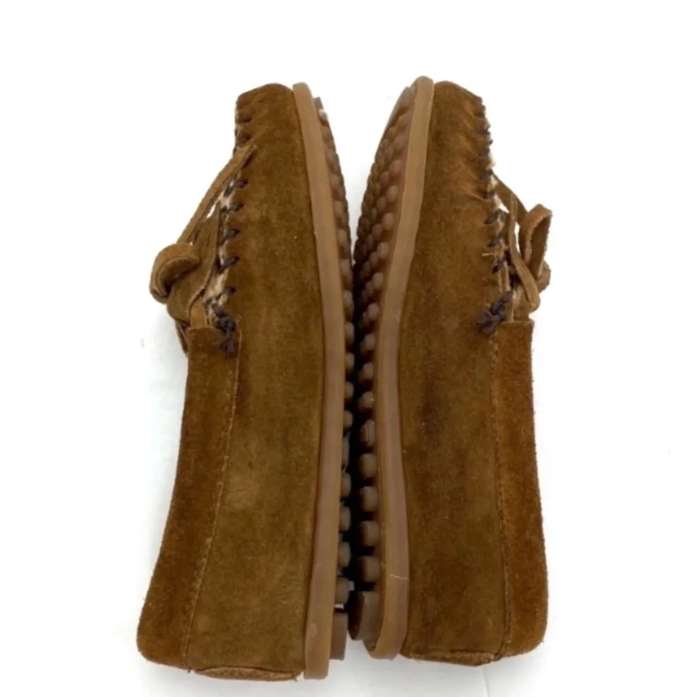 MINNETONKA Leopard Calfskin Kilty Moc Suede Moccasins Flat In Brown Size 1 Kids